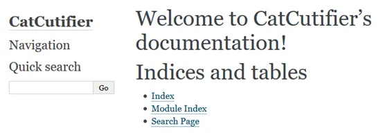 Welcome screen saying Welcome to CatCutifier&#x27;s documentation