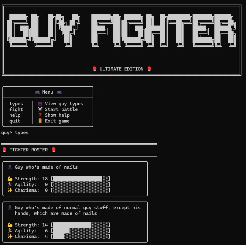 A console based game, showing a fighter roster of two types of guys: a guy who's made of nails, and a guy who's made of normal guy stuff, except his hands, which are made of nails